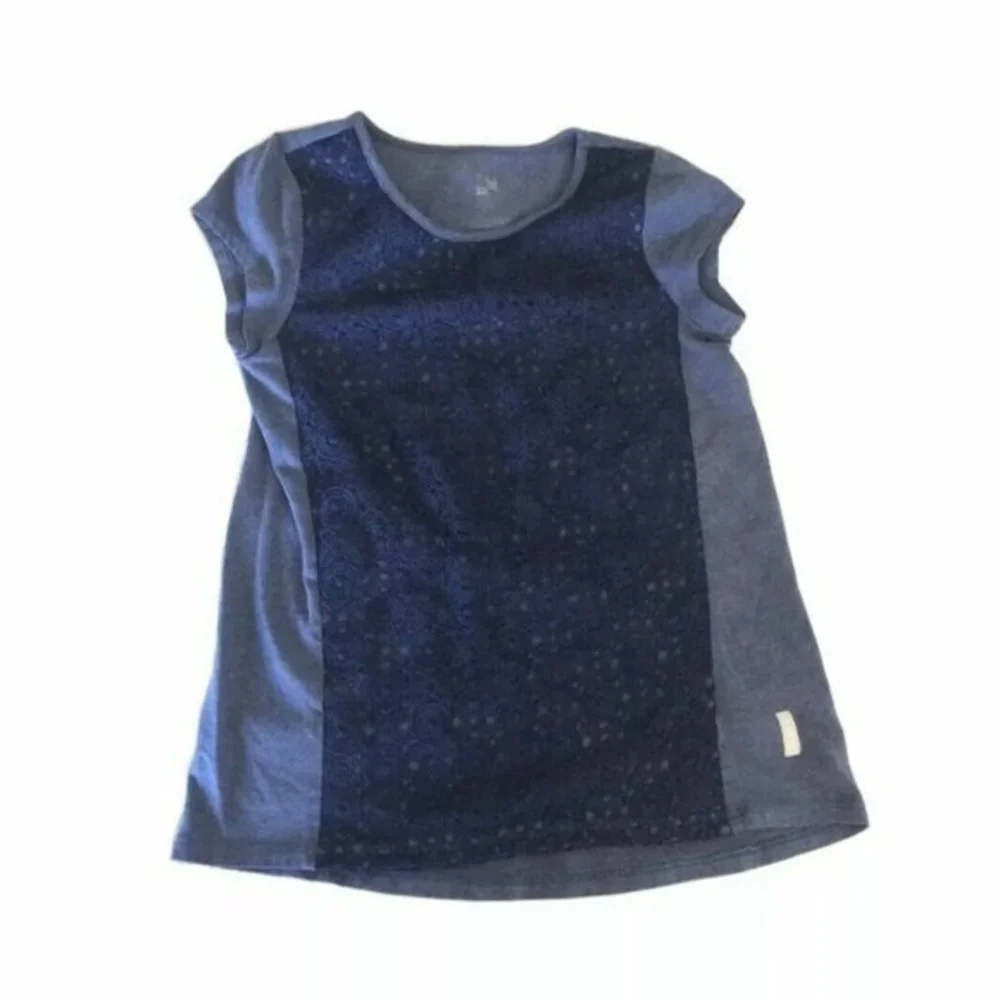 Girls Sz 7-8 Blue Blouse Top Front Overlay knit Crochet Short Sleeve Size Small